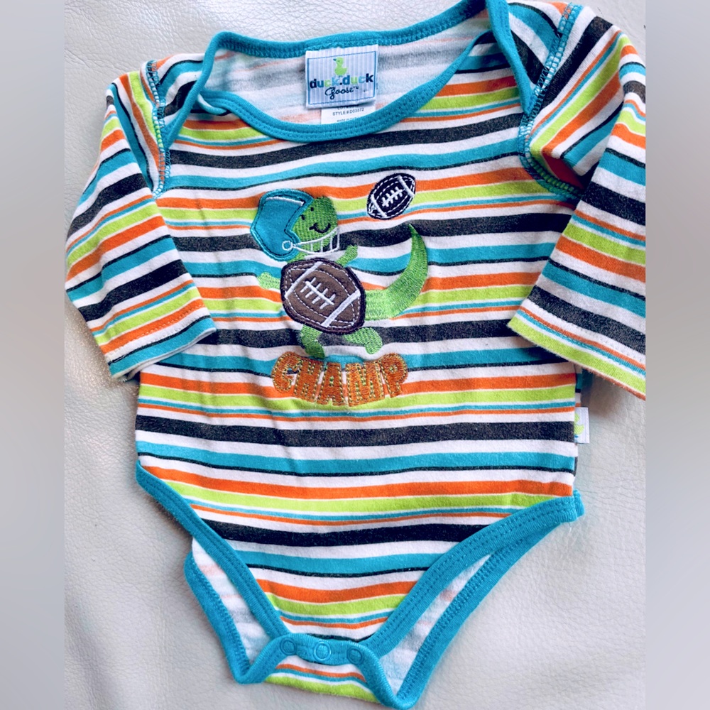 10/$30💥🦎🏉 Football Lizard 'Champ' Sports Bodysuit, Long Sleeve, Teal Orange